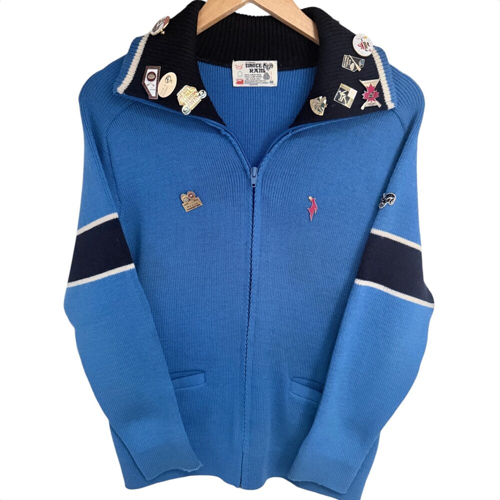 White Ram Blue Full-zip front Colorblock Sweater Virgin Wool Women's Medium